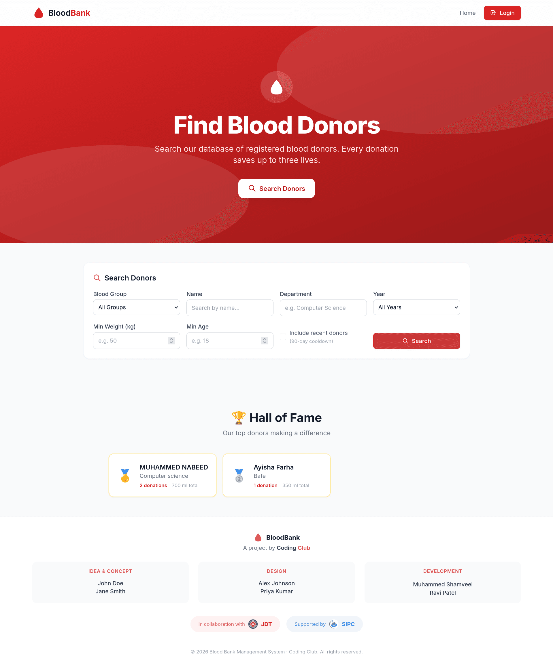 Coding Club Blood Donor Platform — web development project by Muhammed Shamveel, full-stack developer from Kozhikode, Kerala